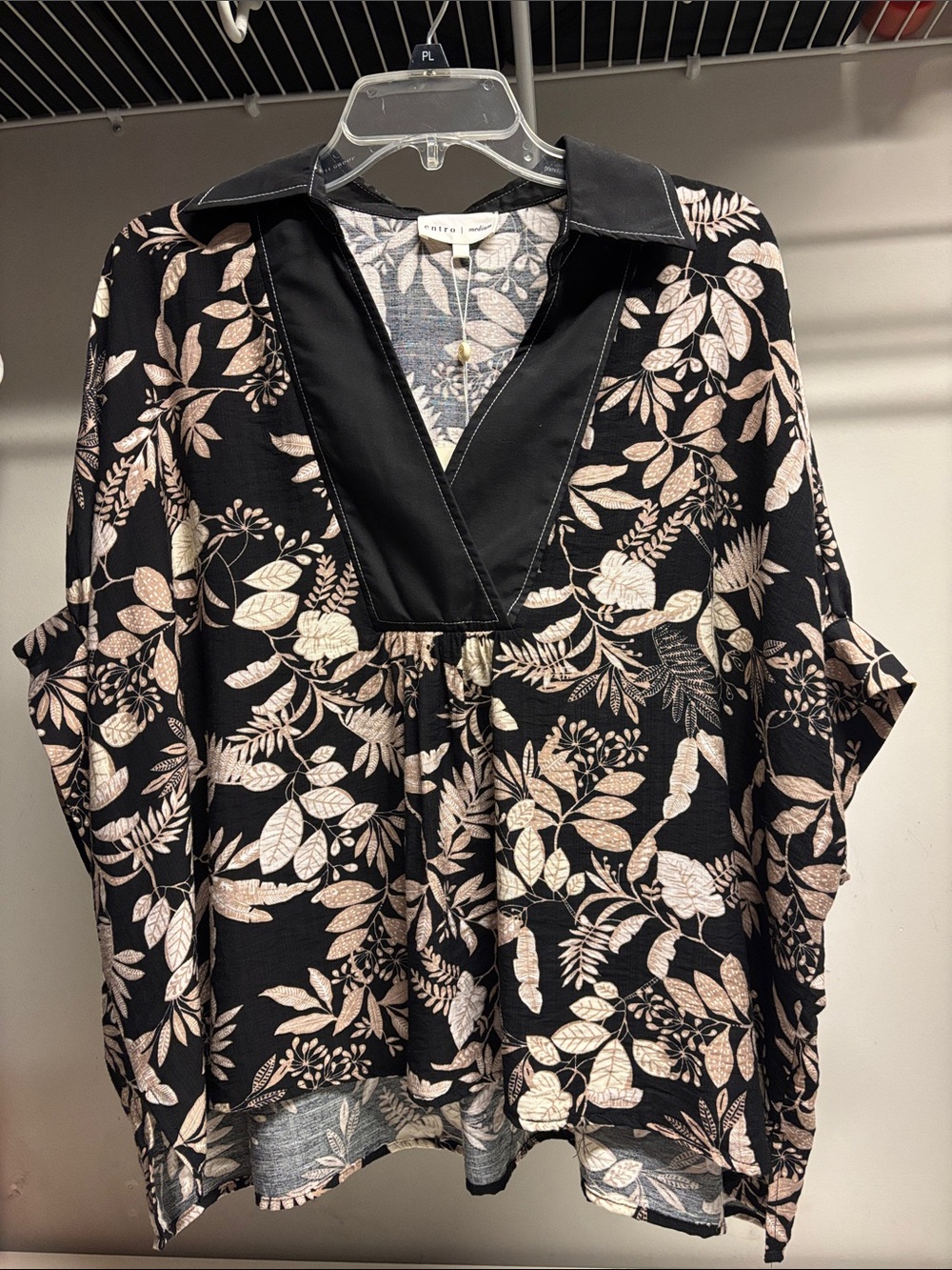 entro Black Tunic with Cream Botanical Print and V-Neck